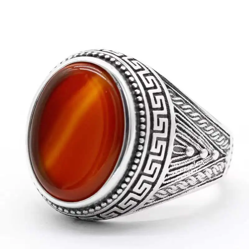 الأحمر الطبيعي حجر العقيق خاتم للرجال 925 الفضة الاسترليني خمر الطوطم الأحجار الكريمة الذكور حلقات التركية المصنوعة يدويا والمجوهرات هدية