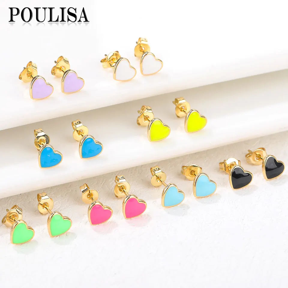 Poulisa بسيطة قلب المينا أقراط للنساء هدية الذكرى السنوية ملونة صغيرة رائعة ثقب الأقراط الأزياء والمجوهرات
