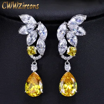 CWWZircons رائع مكعب زركونيا الحجارة الكبيرة أصفر طويل تتدلى قطرة الخواتم للنساء من الذهب الأبيض لون المجوهرات الأذن CZ389