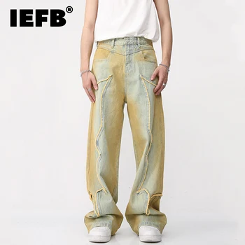 IEFB عالية في الشارع الذكور الأزياء خمر الجينز العصرية الأمريكية أسلوب التدرج الجينز السراويل الجديدة للرجال نتوءات بنطلون 9A8589
