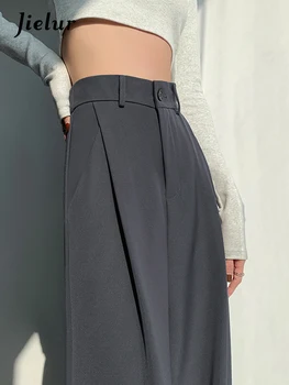 Jielur رمادي السراويل واسعة الساق سليم كامل طول مطوي مباشرة الموضة الإناث دعوى السراويل الربيع عالية الخصر الشهير النساء