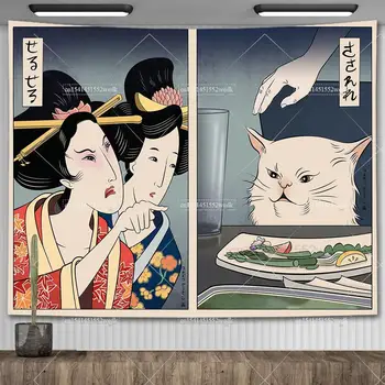 Kawaii امرأة تصرخ القط تناول الأطعمة ميمي نسيج الجدار شنقا خمر اليابانية اللوحة الجمالية غرفة الديكور والمفروشات