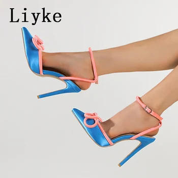 Liyke الصيف حفلة الزفاف عالية الكعب للنساء 2023 الأزياء الوردي Bowknot الصنادل خنجر أشار اصبع القدم حزام مشبك مضخات الأحذية