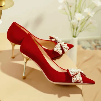 Rimocy مثير الزفاف المخملية الحمراء الأحذية بالنسبة للنساء 2022 الفاخرة لؤلؤة Bowknot أشار اصبع القدم مضخات المرأة خنجر الكعب العالي والاحذية