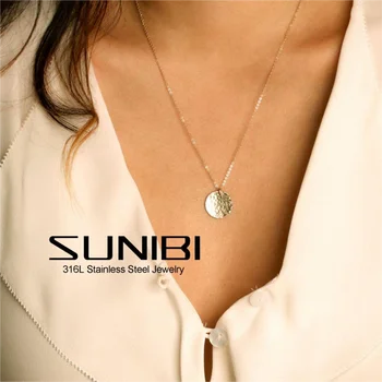 SUNIBI الأزياء القرص قلادة قلادة للنساء الفولاذ المقاوم للصدأ بسيطة طويلة الرقبة سلسلة قلادة قلادة المجوهرات بالجملة