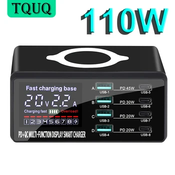 TQUQ 110W الشحن السريع 3.0 8-منفذ USB-ج شاحن سريع مع شاشة LCD ، 15W الشحن اللاسلكي ، 9 في 1 متعددة المنافذ محطة شحن