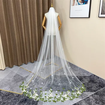 VK SKAIKRU الحجاب الزفاف مع مشط العاج زين 3D الزهور طويلة كاتدرائية الحجاب الزفاف الزفاف طبقة واحدة من قطع حافة