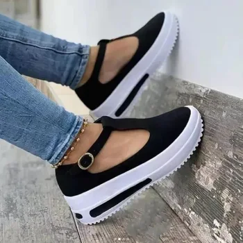 أحذية 2022 النساء زيادة منصة الأحذية عارضة لون الصلبة جولة اصبع القدم أحذية للنساء مشبك إسفين الأحذية النسائية موهير De Mujer