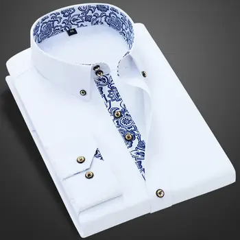 الأزرق والأبيض الخزف طوق قميص طويل الأكمام الكورية SlimFit الأعمال عارضة اللباس قمصان بلون قميص أبيض قطن