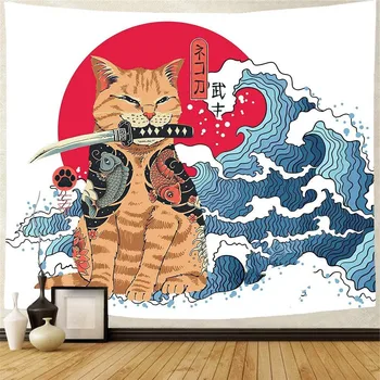 اليابان الساموراي القط نسيج اليابانية أكييوه-إه نمط موجات الجدار شنقا الكرتون كيتي غرفة المعيشة غرفة نوم ديكور الجدار غطاء من القماش