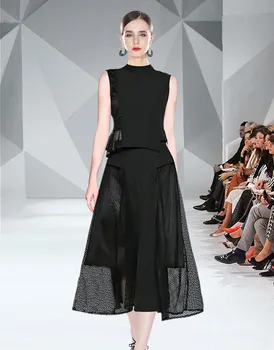 جديد أزياء الصيف سوداء أنيقة اثنين من قطعة مجموعة المدرج للمرأة الوقوف الياقة أكمام قمم+هايت الخصر شبكة خليط بدلة تنورة