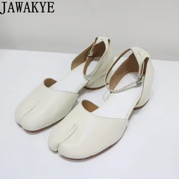 جلد أبيض ماري جينس حزام الكاحل النساء تقسيم تو العلامة التجارية التابعي الأحذية أزياء السيدات منخفضة الكعب مضخات