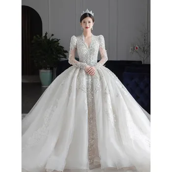 طويلة الأكمام فستان الزفاف في فصل الشتاء 2023 الجديدة الفاخرة الخامس الرقبة الديكور الأمراء ثوب الزفاف دي Noiva